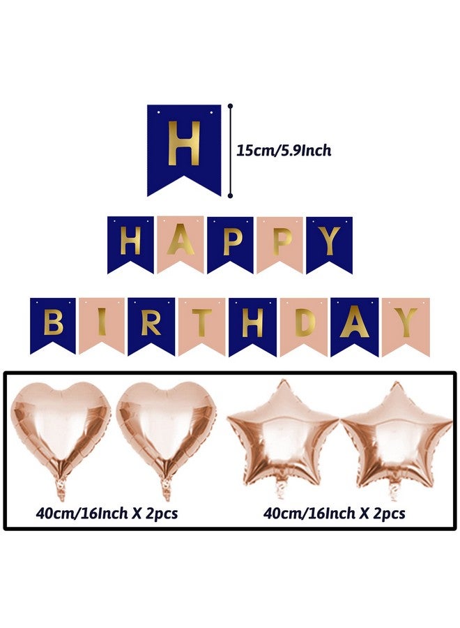 ZERODECO ZERODECO Navy Blue & Rose Gold Birthday Party Decorations - Happy Birthday Banner, Paper Pompoms, Balloons for Boys, Girls, Men & Women  - Image 2
