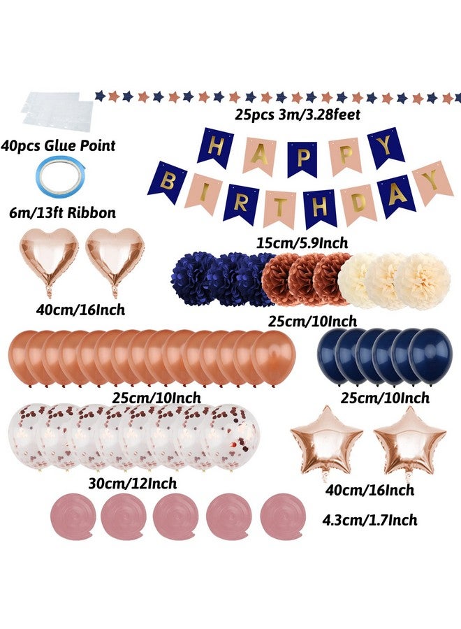 ZERODECO ZERODECO Navy Blue & Rose Gold Birthday Party Decorations - Happy Birthday Banner, Paper Pompoms, Balloons for Boys, Girls, Men & Women  - Image 3