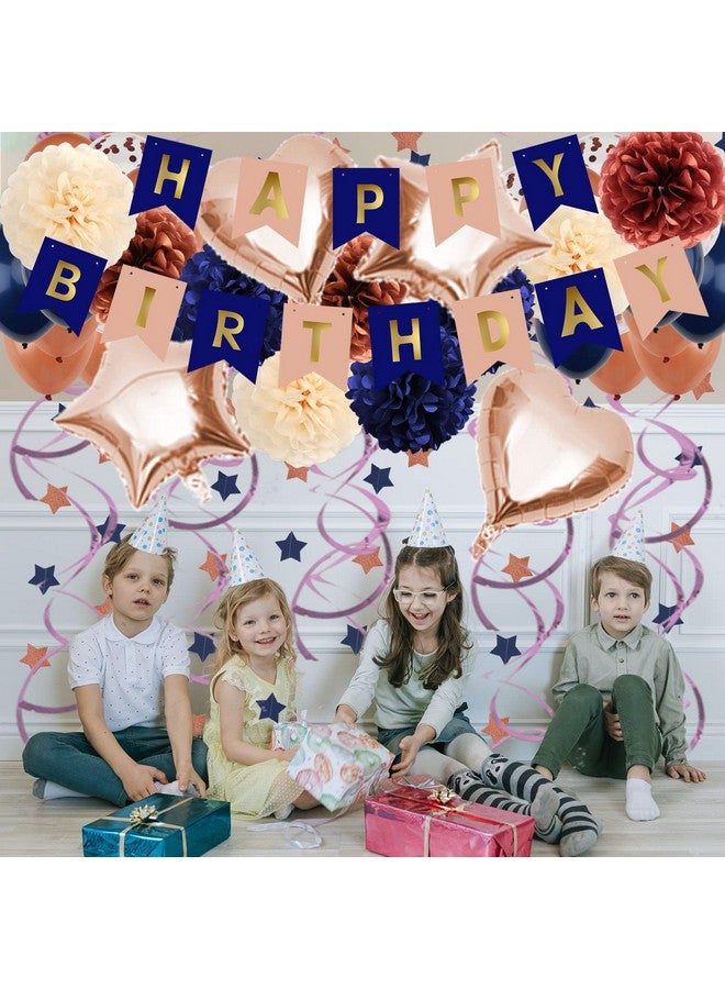 ZERODECO ZERODECO Navy Blue & Rose Gold Birthday Party Decorations - Happy Birthday Banner, Paper Pompoms, Balloons for Boys, Girls, Men & Women  - Image 5