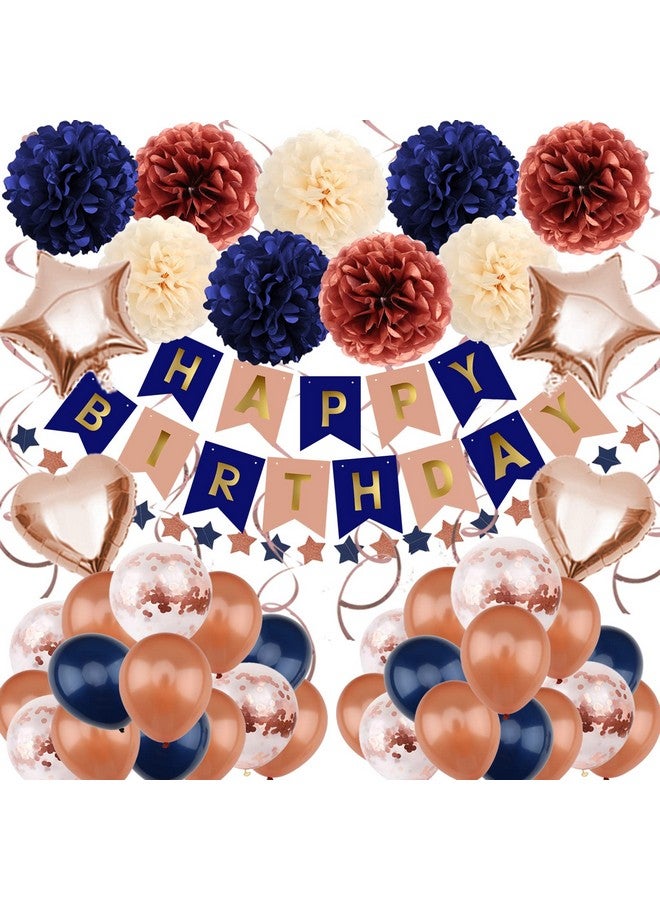 ZERODECO ZERODECO Navy Blue & Rose Gold Birthday Party Decorations - Happy Birthday Banner, Paper Pompoms, Balloons for Boys, Girls, Men & Women  - Image 1