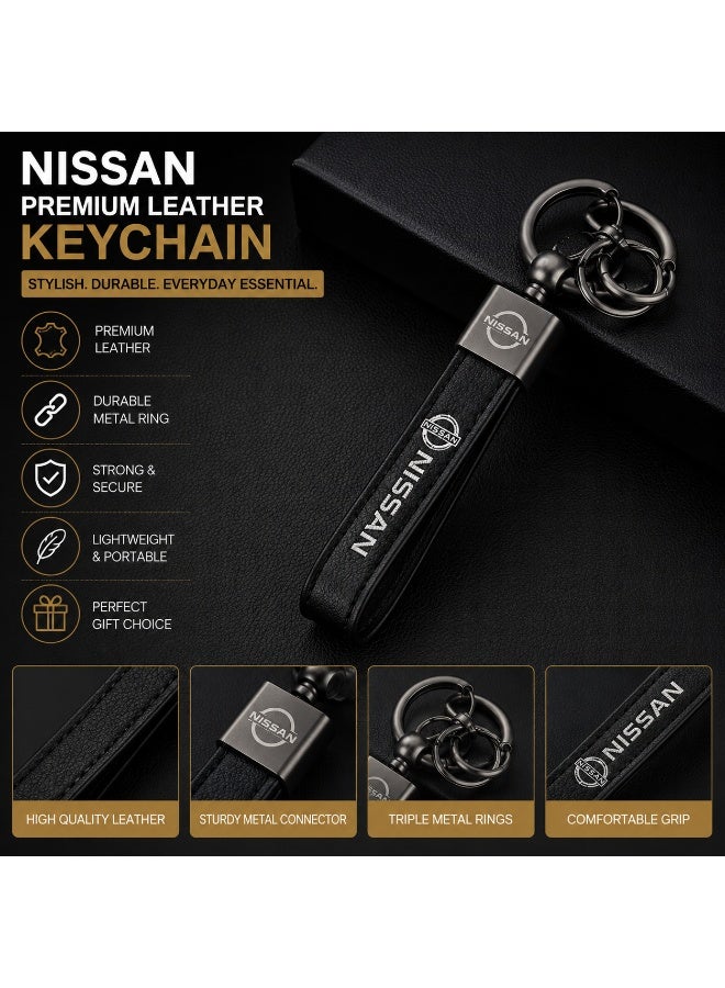 Nissan Premium Leather Keychain with Triple Metal Ring | Durable Automotive Key Holder | Leather Strap Key Organizer for Car Keys, House Keys & Bags | Black - Image 1