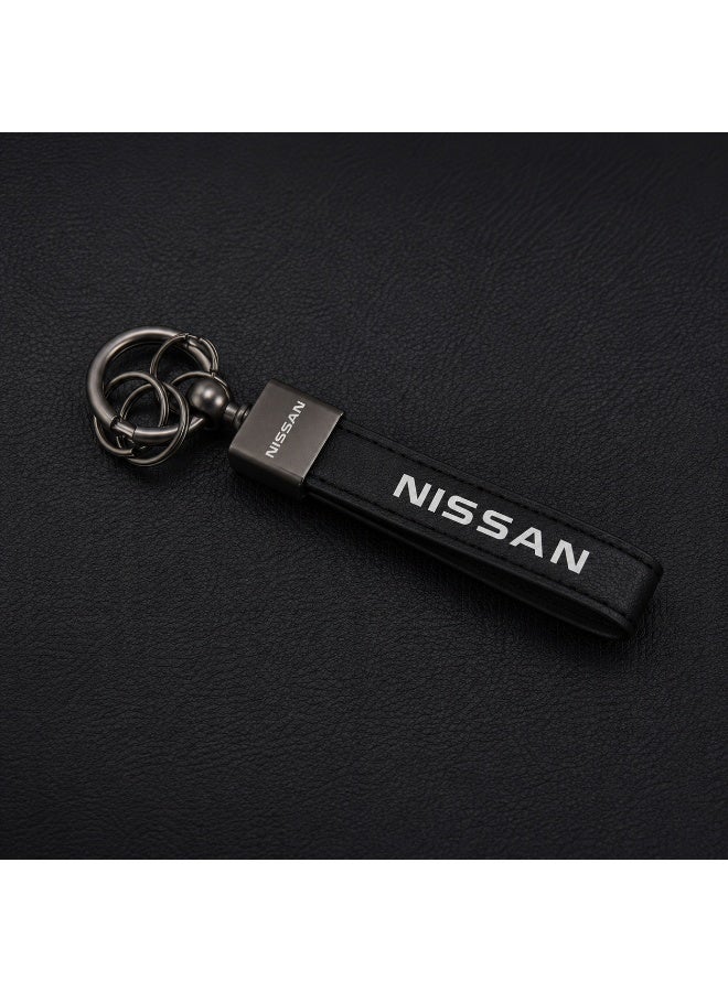 Nissan Premium Leather Keychain with Triple Metal Ring | Durable Automotive Key Holder | Leather Strap Key Organizer for Car Keys, House Keys & Bags | Black - Image 2