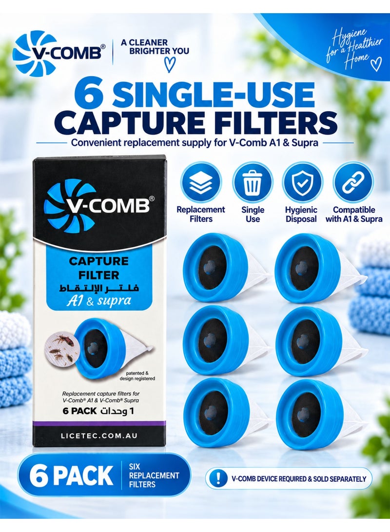 في كومب عبوة من 3 قطع V-Comb Capture Filter A1 & Supra، تحتوي كل عبوة على 6 فلاتر بإجمالي 18 فلتر التقاط بديل للاستخدام مرة واحدة مع مشط V-Comb لقمل الرأس، مصممة لجمع قمل الرأس والبيض الذي تتم إزالته من الشعر، فلاتر قابلة للتخلص منها بطريقة صحية ومتوافقة مع V-Comb A1 وV-Comb Supra، يتطلب الاستخدام جهاز V-Comb - Image 5