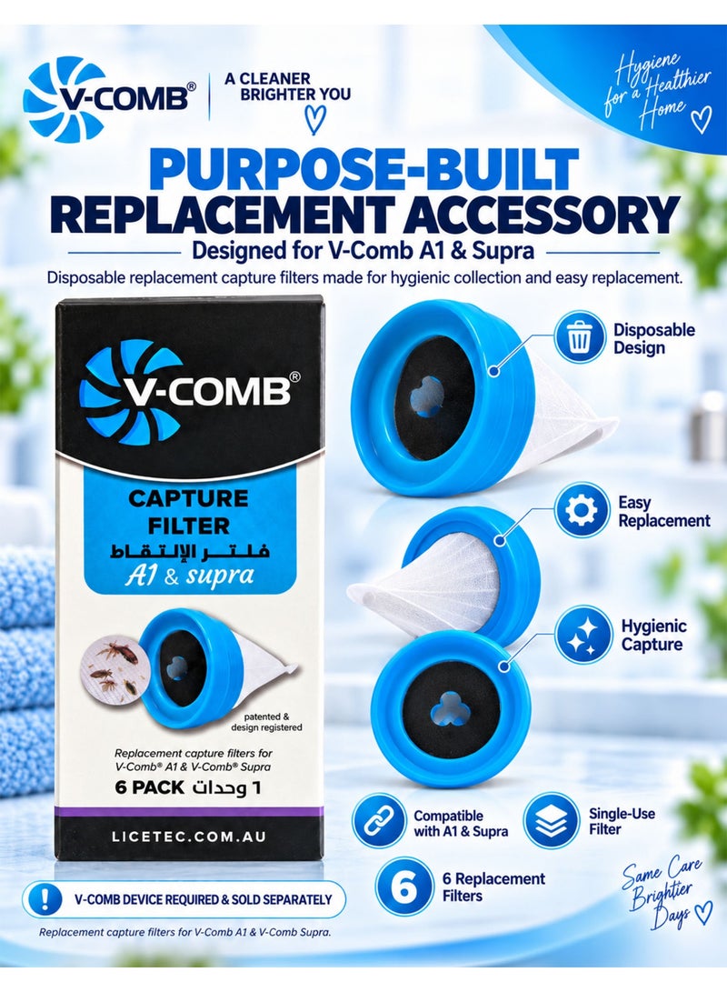 في كومب عبوة من 3 قطع V-Comb Capture Filter A1 & Supra، تحتوي كل عبوة على 6 فلاتر بإجمالي 18 فلتر التقاط بديل للاستخدام مرة واحدة مع مشط V-Comb لقمل الرأس، مصممة لجمع قمل الرأس والبيض الذي تتم إزالته من الشعر، فلاتر قابلة للتخلص منها بطريقة صحية ومتوافقة مع V-Comb A1 وV-Comb Supra، يتطلب الاستخدام جهاز V-Comb - Image 3