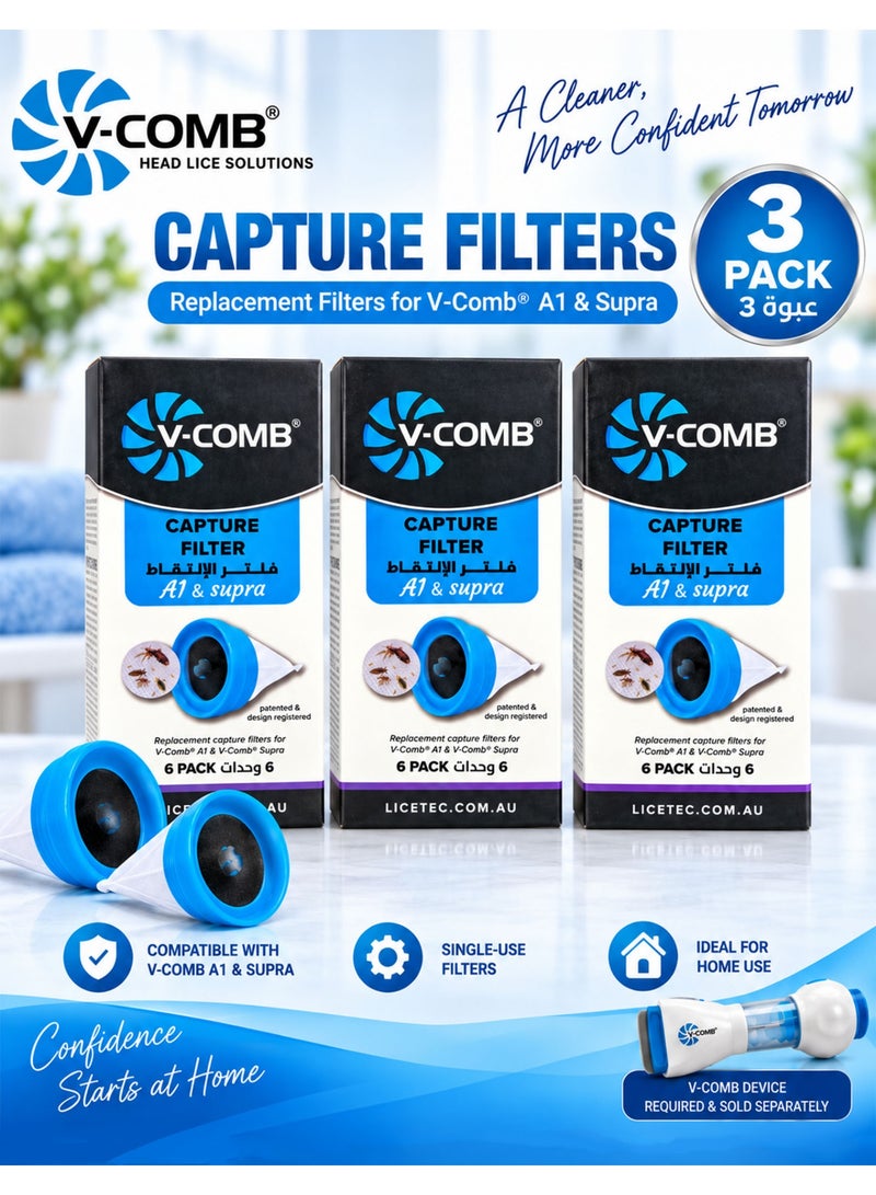 في كومب عبوة من 3 قطع V-Comb Capture Filter A1 & Supra، تحتوي كل عبوة على 6 فلاتر بإجمالي 18 فلتر التقاط بديل للاستخدام مرة واحدة مع مشط V-Comb لقمل الرأس، مصممة لجمع قمل الرأس والبيض الذي تتم إزالته من الشعر، فلاتر قابلة للتخلص منها بطريقة صحية ومتوافقة مع V-Comb A1 وV-Comb Supra، يتطلب الاستخدام جهاز V-Comb - Image 1