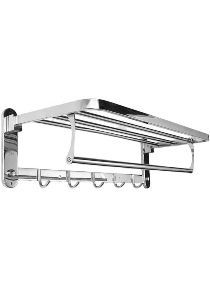 Bathroom Shelf Wall Mounted 304 Stainless Steel Bathroom Shelf, Shiny Silver, with Hooks and Towel Bar, 60cm