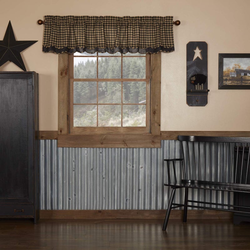 VHC Brands Black Check Cotton 16x72 Scalloped Layered Valance Black
