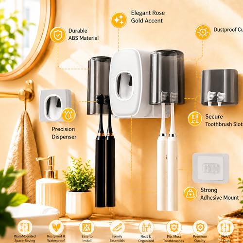 COMFYHOME Tooth Brush Holder Bathroom, Automatic Toothpaste Dispenser, Self Adhesive Brush Stand for Bathroom Wall, Toothbrush Organizer with 2 Mouthwash Cups, 4 Slots Wall Mount Toothbrush Holders - Image 3