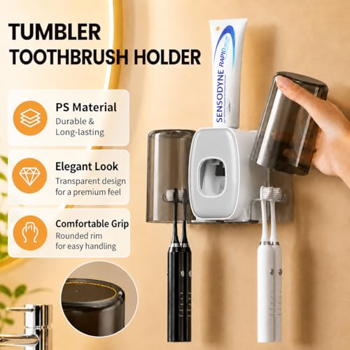 COMFYHOME Tooth Brush Holder Bathroom, Automatic Toothpaste Dispenser, Self Adhesive Brush Stand for Bathroom Wall, Toothbrush Organizer with 2 Mouthwash Cups, 4 Slots Wall Mount Toothbrush Holders - Image 4