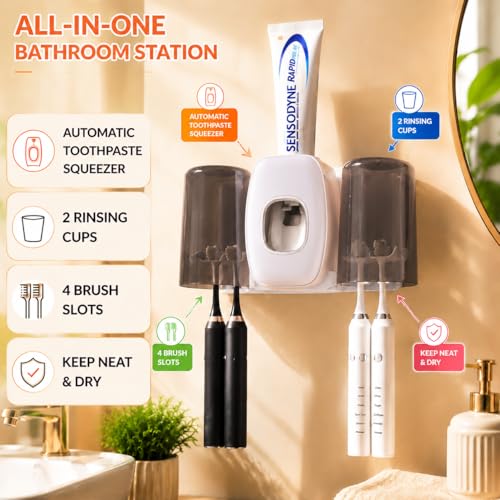 COMFYHOME Tooth Brush Holder Bathroom, Automatic Toothpaste Dispenser, Self Adhesive Brush Stand for Bathroom Wall, Toothbrush Organizer with 2 Mouthwash Cups, 4 Slots Wall Mount Toothbrush Holders - Image 2