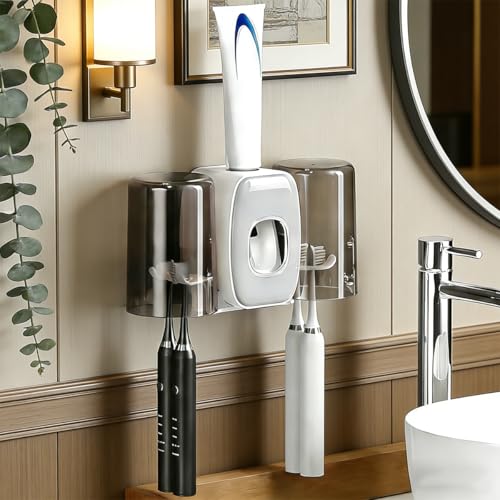 COMFYHOME Tooth Brush Holder Bathroom, Automatic Toothpaste Dispenser, Self Adhesive Brush Stand for Bathroom Wall, Toothbrush Organizer with 2 Mouthwash Cups, 4 Slots Wall Mount Toothbrush Holders - Image 1