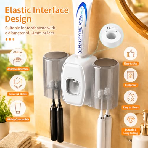 COMFYHOME Tooth Brush Holder Bathroom, Automatic Toothpaste Dispenser, Self Adhesive Brush Stand for Bathroom Wall, Toothbrush Organizer with 2 Mouthwash Cups, 4 Slots Wall Mount Toothbrush Holders - Image 5