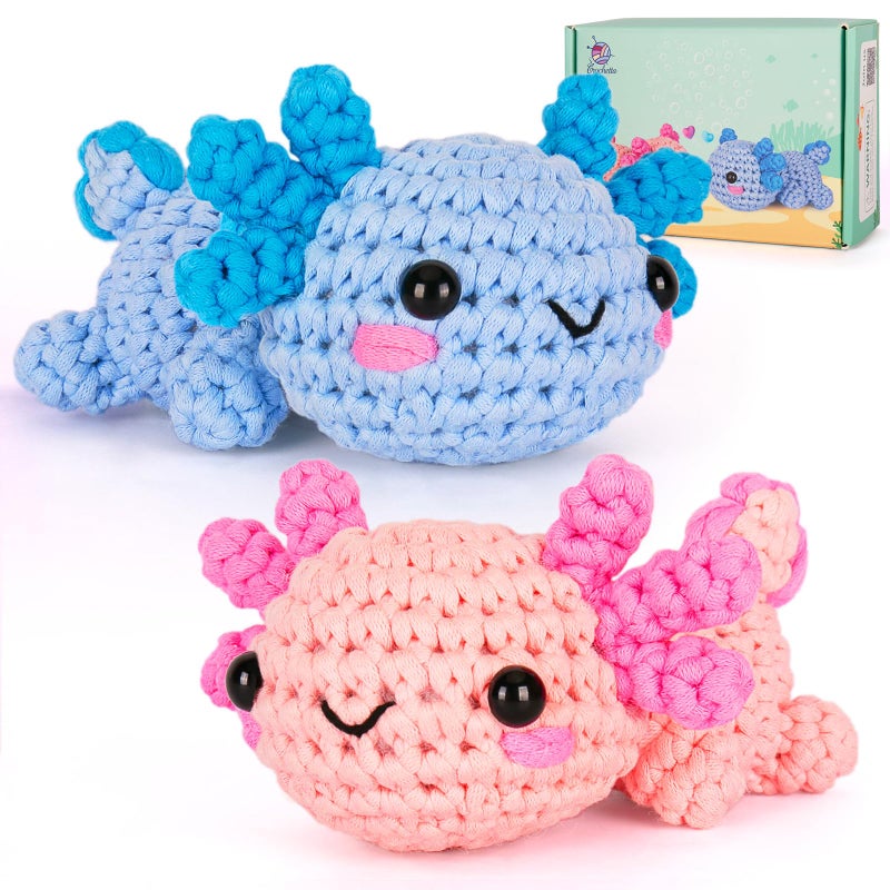 Crochetta Crochet Kit for Beginners, Beginner Crochet Starter Kit w Step-by-Step Video Tutorials, Learn to Crochet Kits for Adults Women Men, DIY Knitting Supplies, Axolotls (Blue and Pink) - Image 1