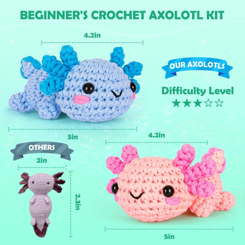Crochetta Crochet Kit for Beginners, Beginner Crochet Starter Kit w Step-by-Step Video Tutorials, Learn to Crochet Kits for Adults Women Men, DIY Knitting Supplies, Axolotls (Blue and Pink) - Image 2