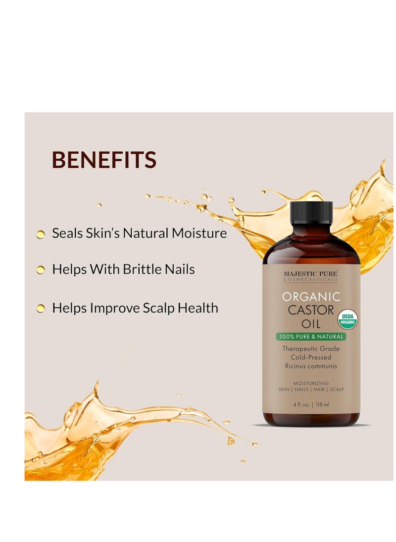 Majestic Pure - Majestic Pure USDA Organic Castor Oil | Hexane Free & 100% Pure | Cold Pressed | Stimulate Growth for Hair, Eyelashes, Eyebrows, Nails | Moisturizing & Nourishing | Body, Hair & Carrier Oil | 4 Fl Oz - Image 1