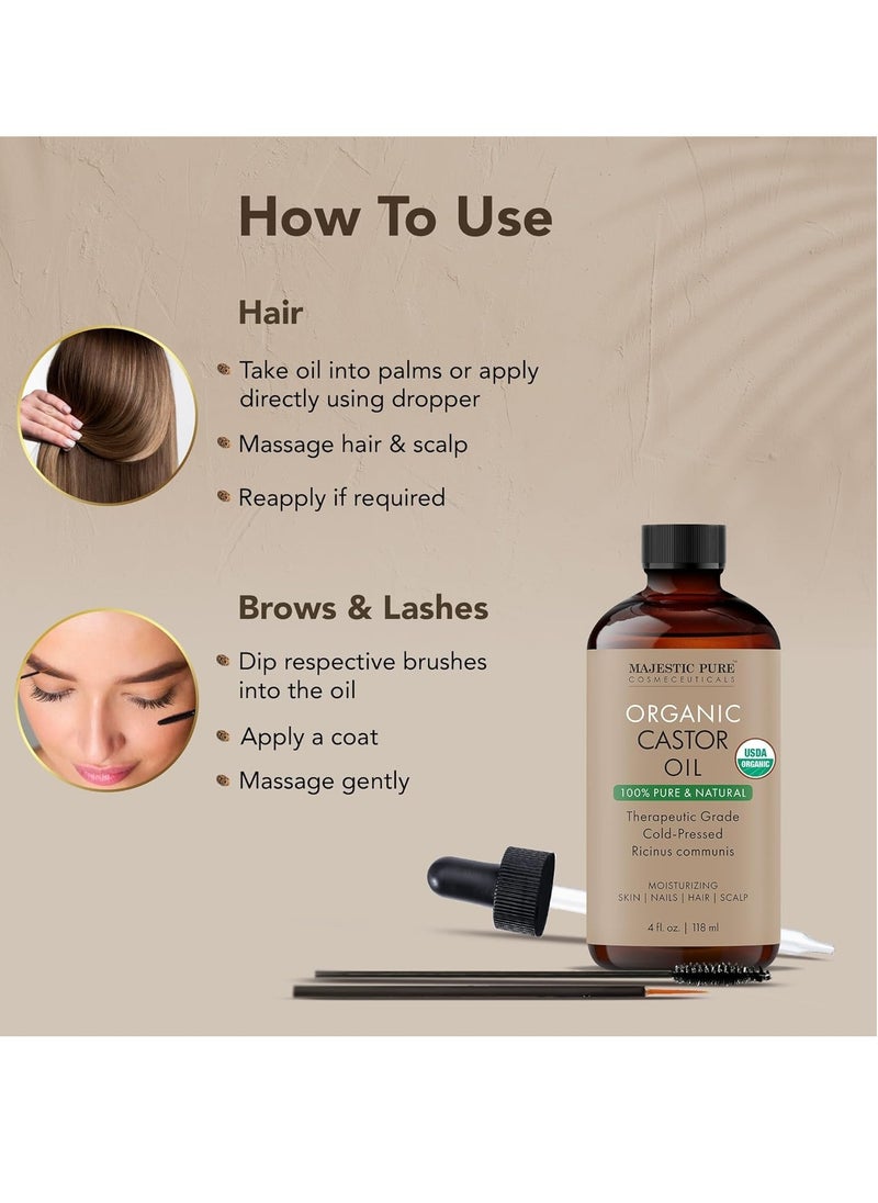 Majestic Pure - Majestic Pure USDA Organic Castor Oil | Hexane Free & 100% Pure | Cold Pressed | Stimulate Growth for Hair, Eyelashes, Eyebrows, Nails | Moisturizing & Nourishing | Body, Hair & Carrier Oil | 4 Fl Oz - Image 1