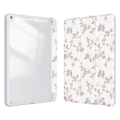 Xkladz Case for iPad 9th / 8th / 7th Generation (2021/2020/2019) 10.2 inch, Case with Pencil Holder, Stand Clear Back Cover Cute Cool Design for Women Girls, Auto Sleep/Wake, Pink Flower - Image 1