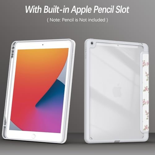 Xkladz Case for iPad 9th / 8th / 7th Generation (2021/2020/2019) 10.2 inch, Case with Pencil Holder, Stand Clear Back Cover Cute Cool Design for Women Girls, Auto Sleep/Wake, Pink Flower - Image 3