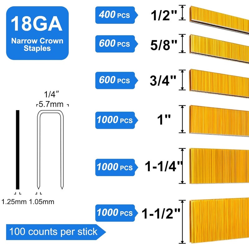 SimCos 18 Gauge 1/4" Narrow Crown Staples, Galvanized Upholstery Staples for 18 GA Pneumatic or Electric Stapler or Staple Gun (1/2"+5/8"+3/4"+1"+1 1/4"+1 1/2"-4600pcs) - Image 2