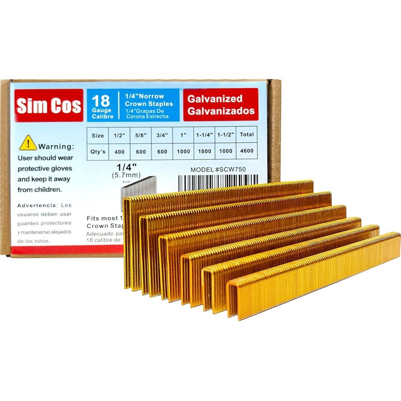 SimCos 18 Gauge 1/4" Narrow Crown Staples, Galvanized Upholstery Staples for 18 GA Pneumatic or Electric Stapler or Staple Gun (1/2"+5/8"+3/4"+1"+1 1/4"+1 1/2"-4600pcs) - Image 1