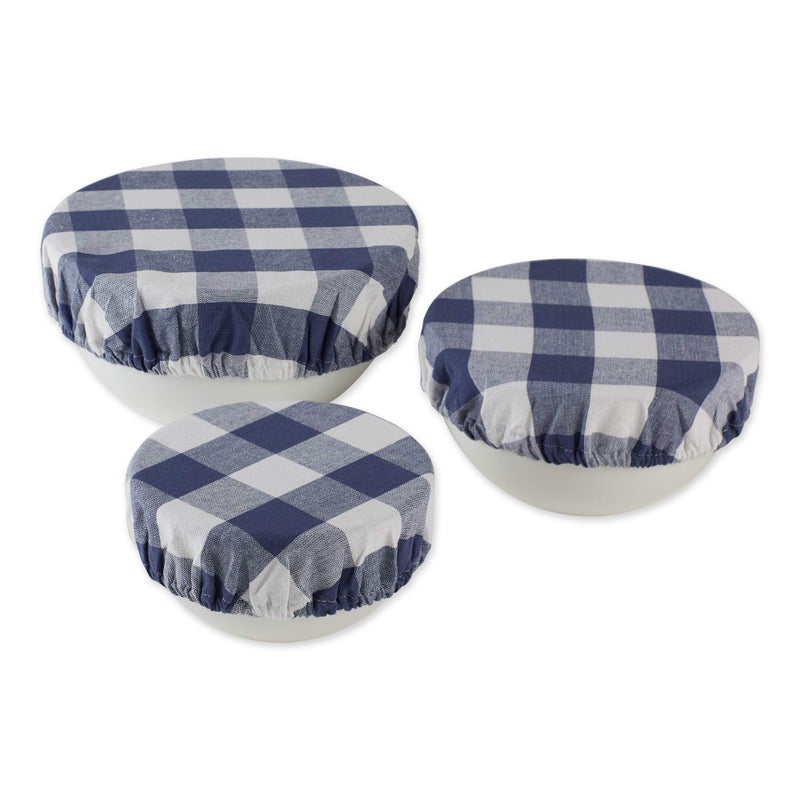 DII Reusable Cloth Bowl Cover Collection Machine Washable Cotton with Elastic Stretch for Food Storage 102582575 Diameter Farmhouse Plaid French Blue 3 Piece