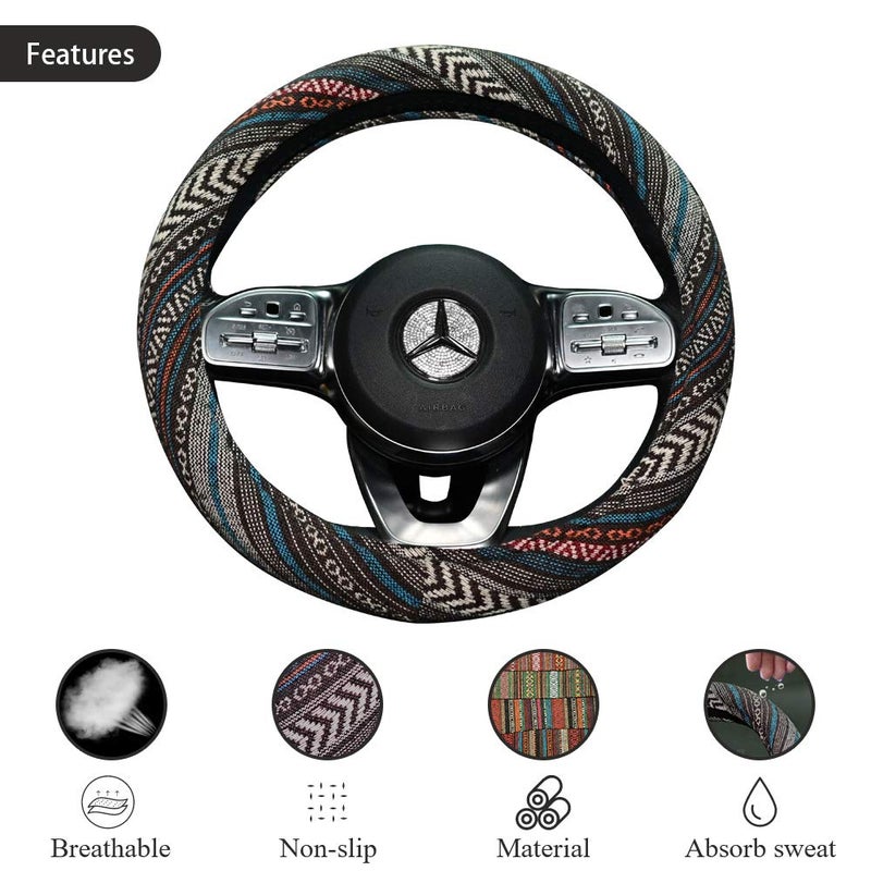LSAUTO Universal 15inch Ethnic Style Baja Blanket Steering Wheel Cover with Coarse Flax Cloth and Sweat Absorption Anti Slip Car Wrap (Boho Dark) - Image 5