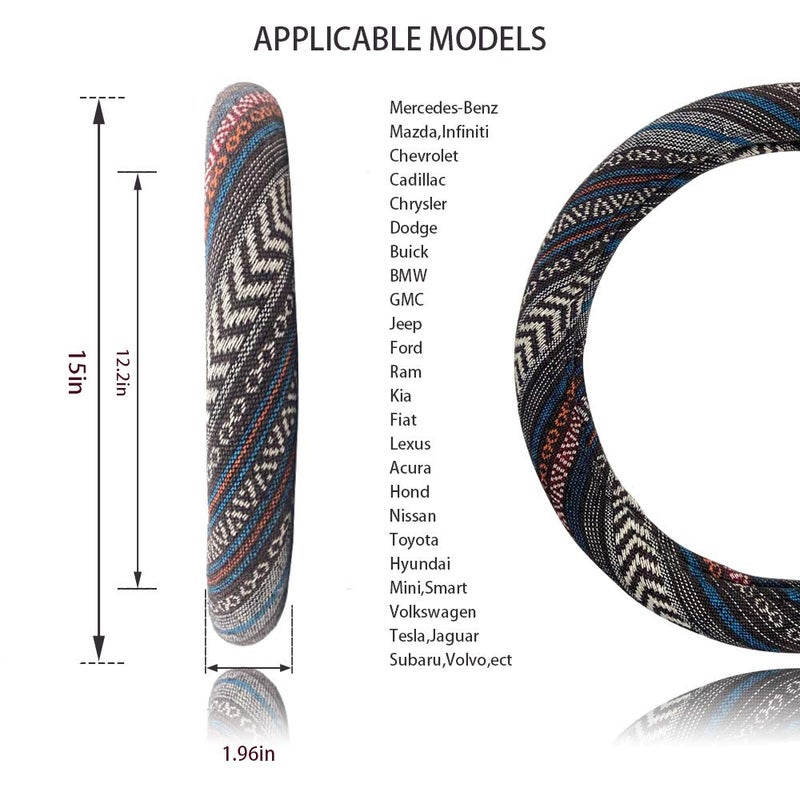 LSAUTO Universal 15inch Ethnic Style Baja Blanket Steering Wheel Cover with Coarse Flax Cloth and Sweat Absorption Anti Slip Car Wrap (Boho Dark) - Image 4
