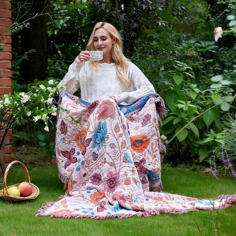 LUTBM Boho Throw Blanket for Couch Sofa Chair Cotton Blankets for Bedroom Living Room All Season Soft Lightweight Reversible Floral Butterfly Embroidery Throws 50"x60" - Image 2