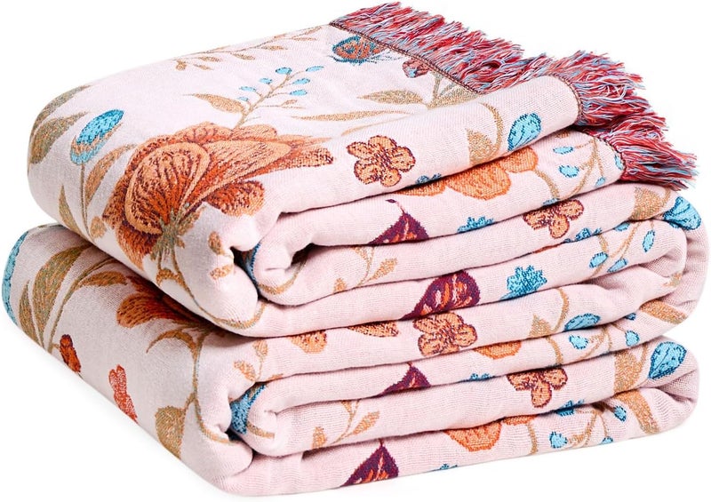LUTBM Boho Throw Blanket for Couch Sofa Chair Cotton Blankets for Bedroom Living Room All Season Soft Lightweight Reversible Floral Butterfly Embroidery Throws 50"x60" - Image 1