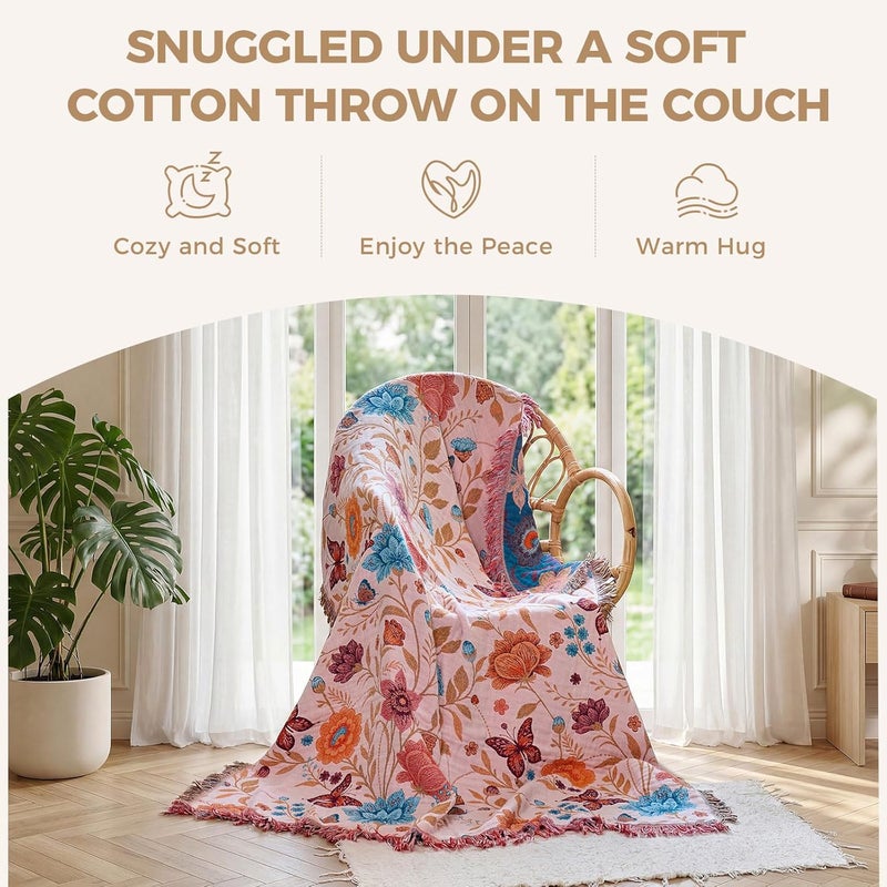 LUTBM Boho Throw Blanket for Couch Sofa Chair Cotton Blankets for Bedroom Living Room All Season Soft Lightweight Reversible Floral Butterfly Embroidery Throws 50"x60" - Image 5