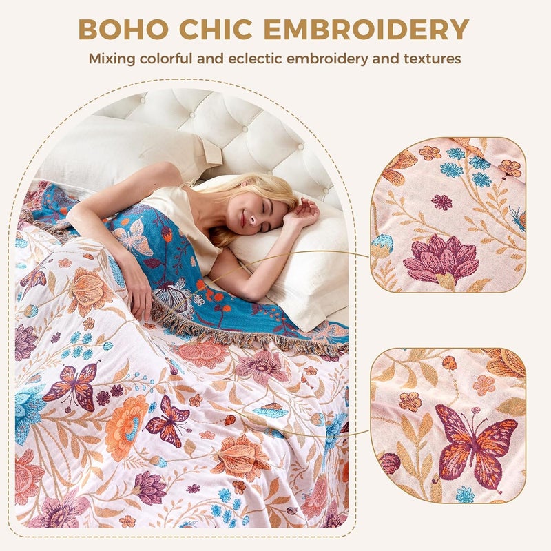 LUTBM Boho Throw Blanket for Couch Sofa Chair Cotton Blankets for Bedroom Living Room All Season Soft Lightweight Reversible Floral Butterfly Embroidery Throws 50"x60" - Image 4