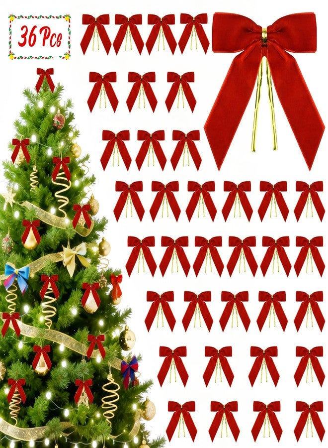 MENOLY 36 Pcs Velvet Bows for Christmas Tree Wreaths Door Garland Decor Vintage Gifts and Holiday Home DéCor 3.5 * 3.9 Inch Christmas Tree Bows Decorations(1" Wide) - Red - Image 1
