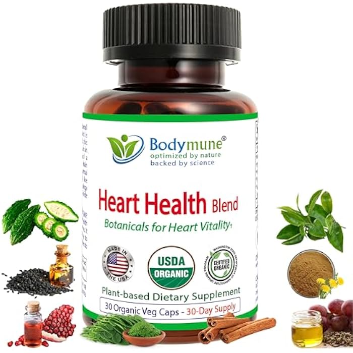 Bodymune Heart Health Blend Cholesterol Support – Organic Cardiovascular & Circulation Supplement – with Green Tea, Pomegranate & Black Seed Oil – 30Capsules – USDA Organic, Vegan - Image 1