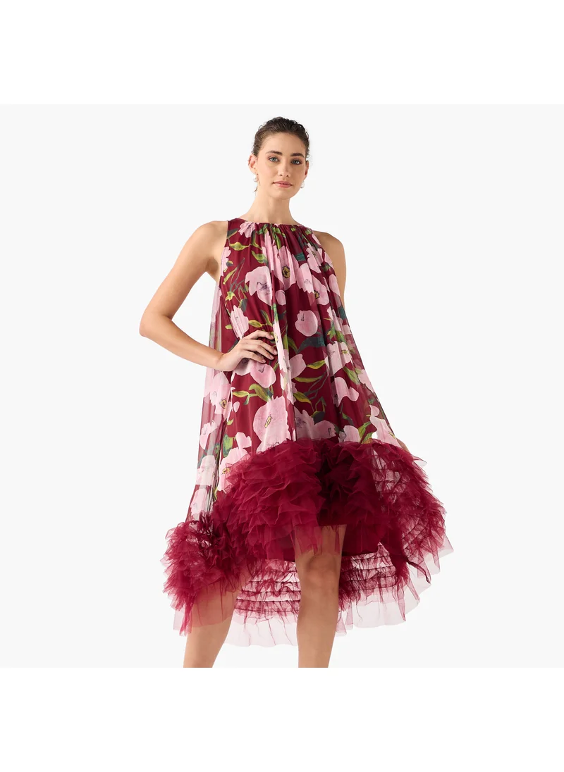 2Xtremz 2Xtremz Floral Print Sleeveless Midi Dress with Tulle Detail