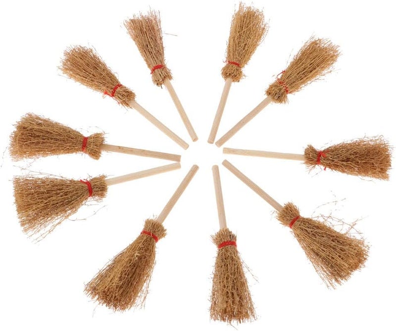klarako Pack of 10pcs Miniature Wood Broom for 1/12 Doll House Room Scenes Ornaments, Realistic Model Crafts - Image 1