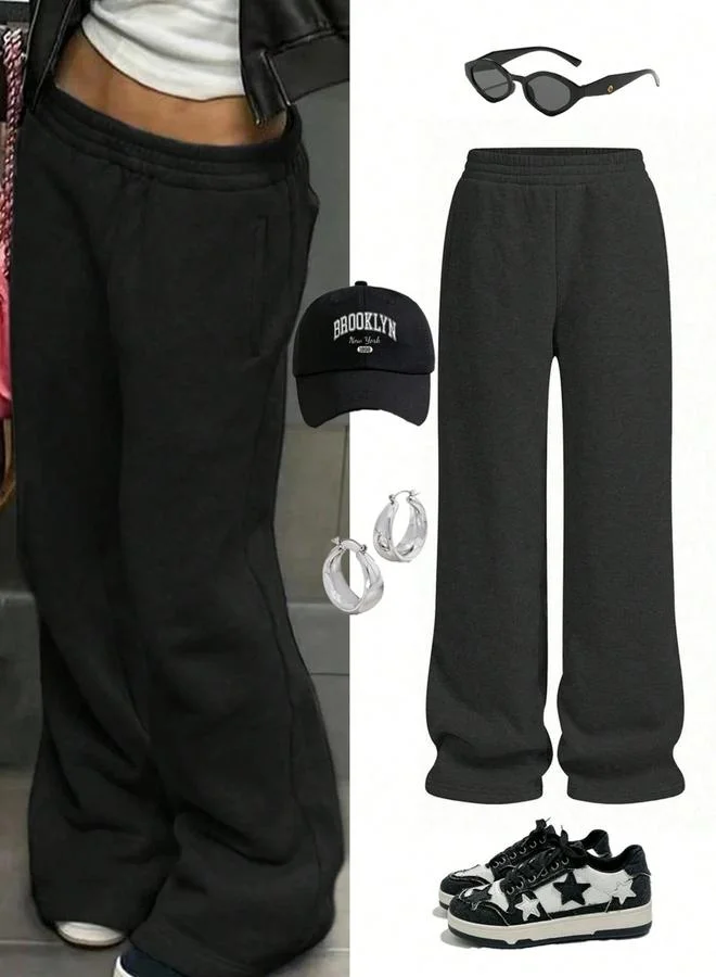 Take Two Solid Pocket Detail Elastic Waist Wide Leg Pants