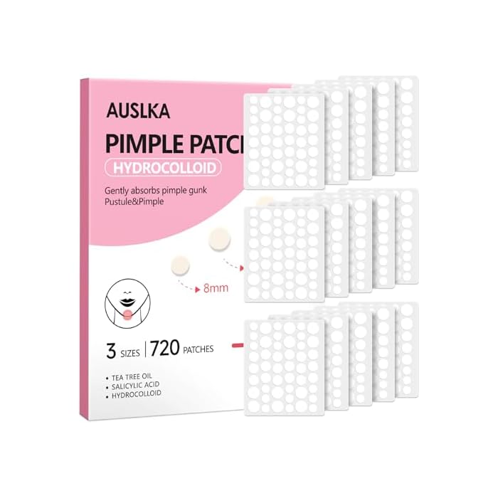 AUSLKA Pimple Patch Bulk, 720 Pimple Patches for Face, Hydrocolloid Spot Patch Stickers for Zits& Blemishes, Suitable for Body, Cheek, Forehead, Chin and Back (8mm, 10mm,12mm)