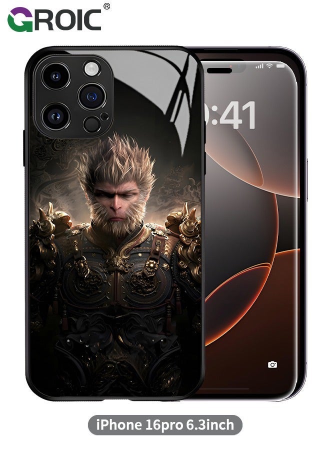GROIC Case Compatible with iPhone 16 Pro 6.3 Inches HD Glass Screen Protector, Black Myth Wukong Pattern Case, Back Anti-Scratch TPU Bumper Shockproof and Full Coverage Lens - Image 1