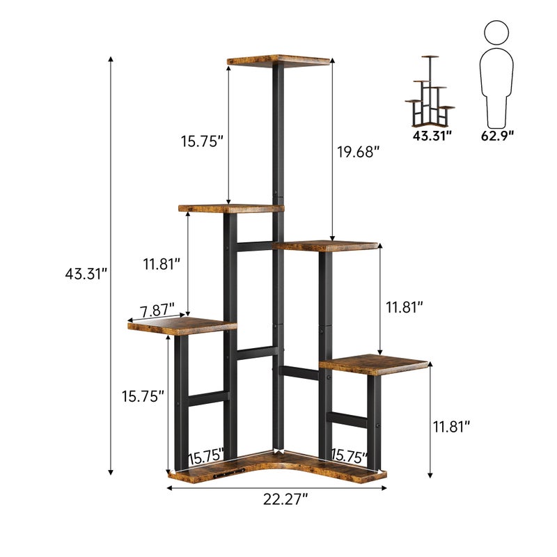 Yzosvki Corner Plant Stand Indoor, 6 Tiered Corner Plant Shelf Flower Stand for Multiple Plants, Plant Shelves Organizer Rack for Living Room, Balcony, Patio, Garden, Square Rustic Brown - Image 3