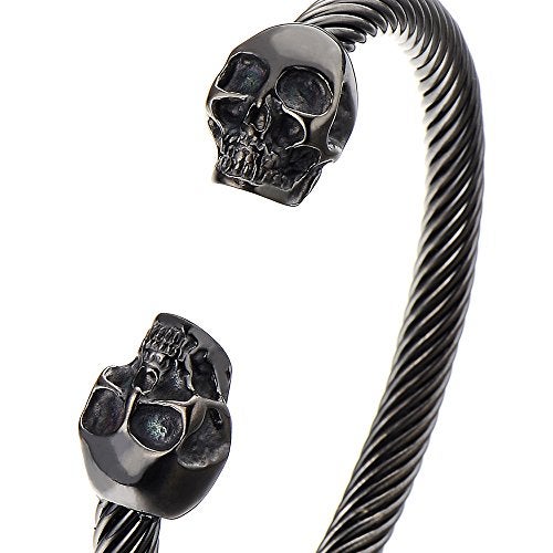 COOLSTEELANDBEYOND Unique Elastic Adjustable Mens Black Skull Cuff Bangle Stainless Steel Twisted Cable Bracelet Polished - Image 2