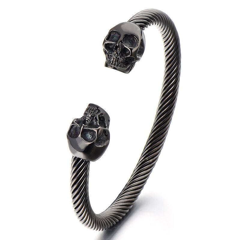 COOLSTEELANDBEYOND Unique Elastic Adjustable Mens Black Skull Cuff Bangle Stainless Steel Twisted Cable Bracelet Polished - Image 4