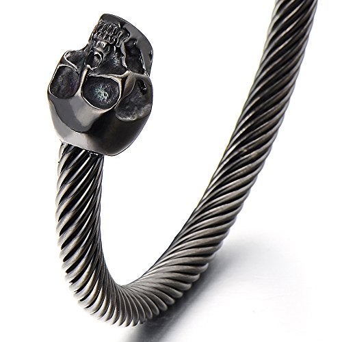 COOLSTEELANDBEYOND Unique Elastic Adjustable Mens Black Skull Cuff Bangle Stainless Steel Twisted Cable Bracelet Polished - Image 3