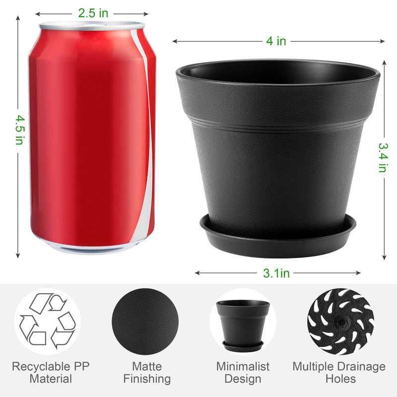 FHWTY 16 Pack Plastic Plant Pots with Drainage Holes and Tray, 4 inch Thickened Indoor Planters Seedlings Nursery Pots for Flowers, African Violet, Succulent and All House Plants, Black - Image 2