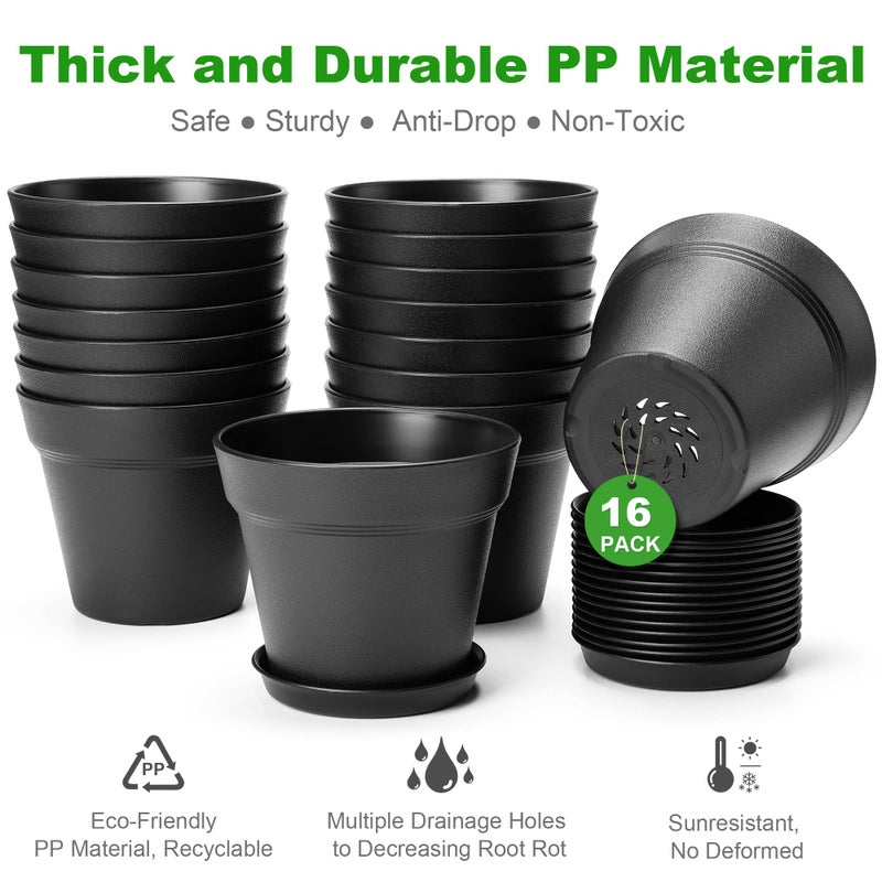 FHWTY 16 Pack Plastic Plant Pots with Drainage Holes and Tray, 4 inch Thickened Indoor Planters Seedlings Nursery Pots for Flowers, African Violet, Succulent and All House Plants, Black - Image 4