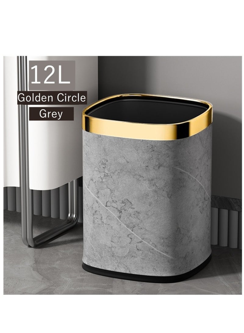 Home Trash Can, 12L Plastic Waste Bin with Leather Body Cover and Metal Circle, Square Kitchen Trash Bin Bathroom Wastebasket without Lid, for Home Office Kitchen and Dorm (Grey-Golden)  - Image 1