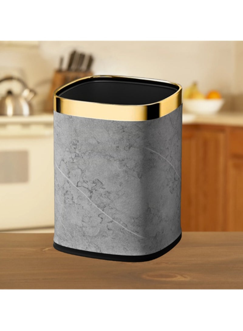 Home Trash Can, 12L Plastic Waste Bin with Leather Body Cover and Metal Circle, Square Kitchen Trash Bin Bathroom Wastebasket without Lid, for Home Office Kitchen and Dorm (Grey-Golden)  - Image 2