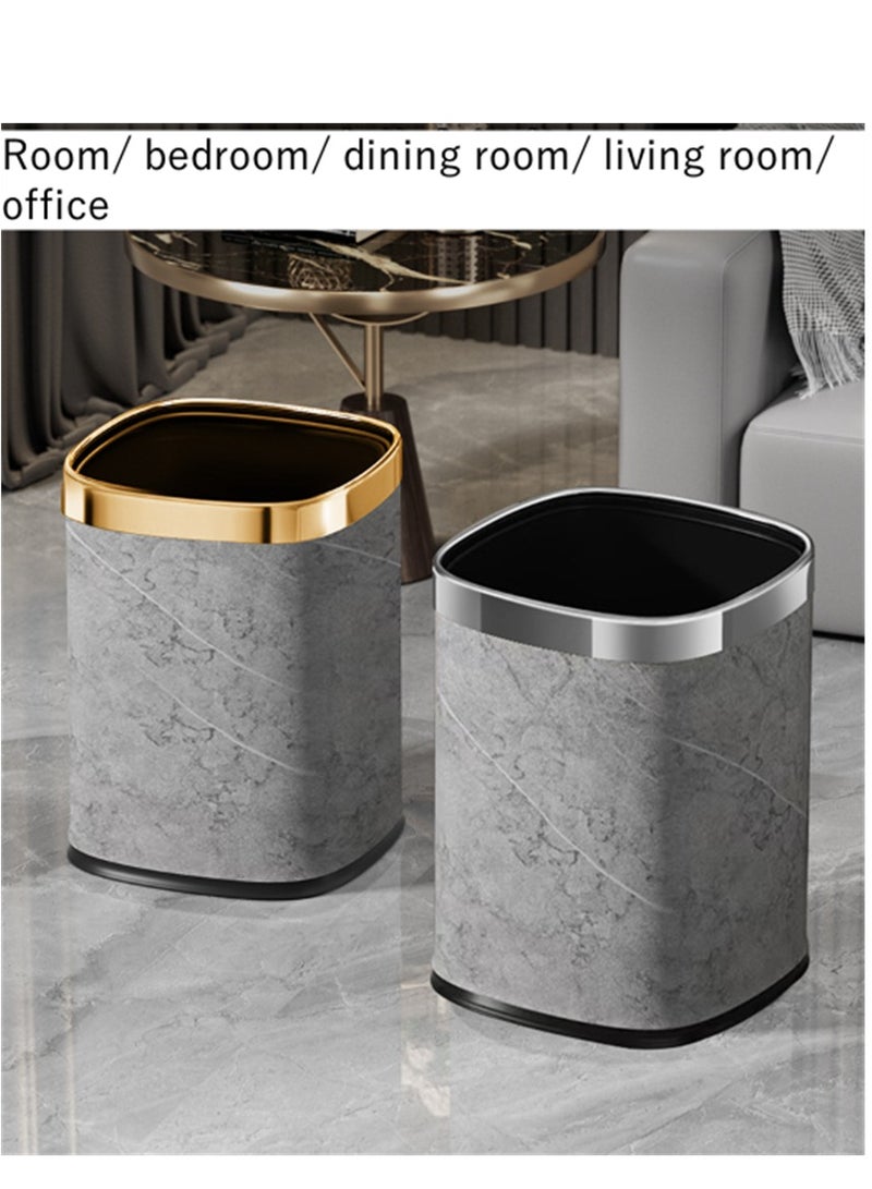 Home Trash Can, 12L Plastic Waste Bin with Leather Body Cover and Metal Circle, Square Kitchen Trash Bin Bathroom Wastebasket without Lid, for Home Office Kitchen and Dorm (Grey-Golden)  - Image 3