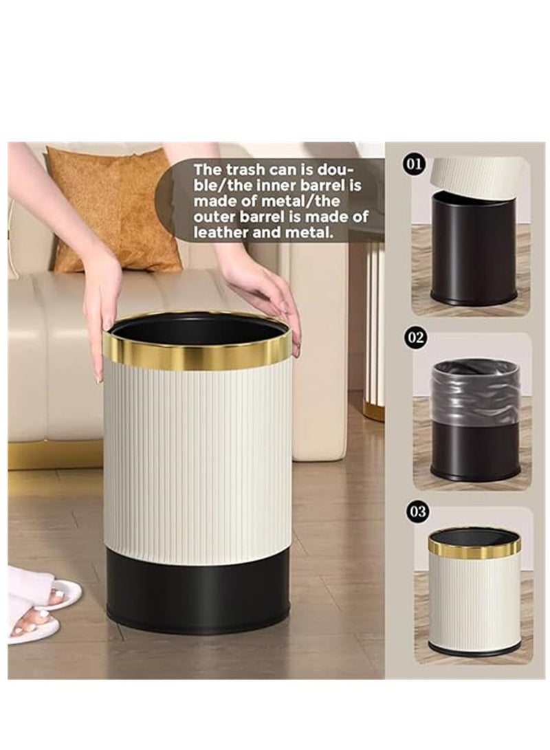 Home Trash Can, 12L Plastic Waste Bin with Leather Body Cover and Metal Circle, Square Kitchen Trash Bin Bathroom Wastebasket without Lid, for Home Office Kitchen and Dorm (Grey-Golden)  - Image 4