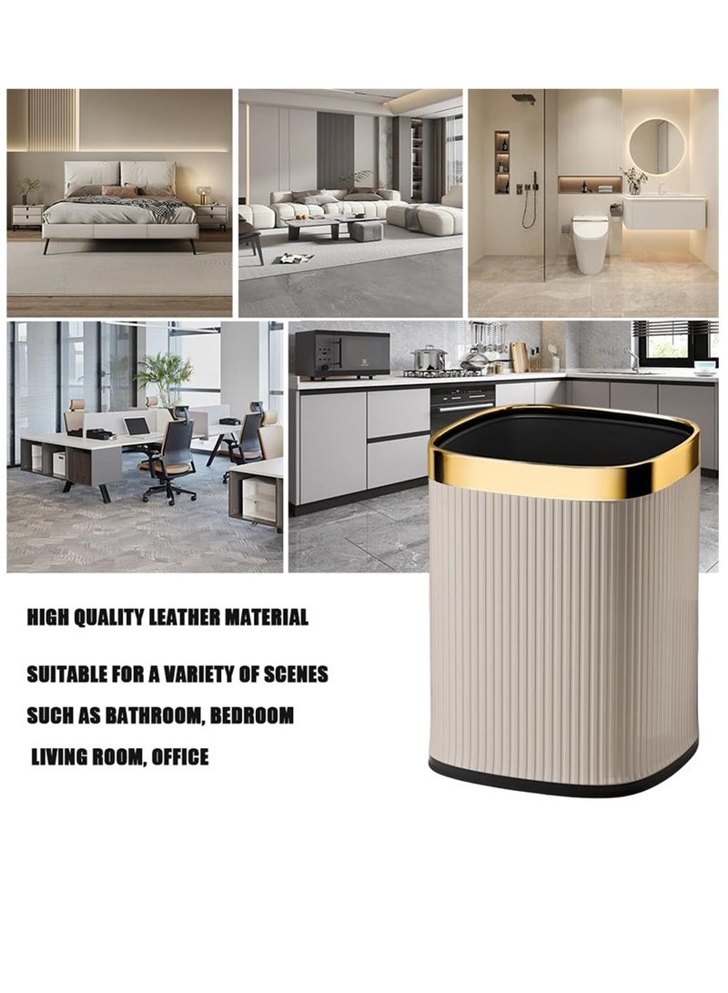 Home Trash Can, 12L Plastic Waste Bin with Leather Body Cover and Metal Circle, Square Kitchen Trash Bin Bathroom Wastebasket without Lid, for Home Office Kitchen and Dorm (Grey-Golden)  - Image 5