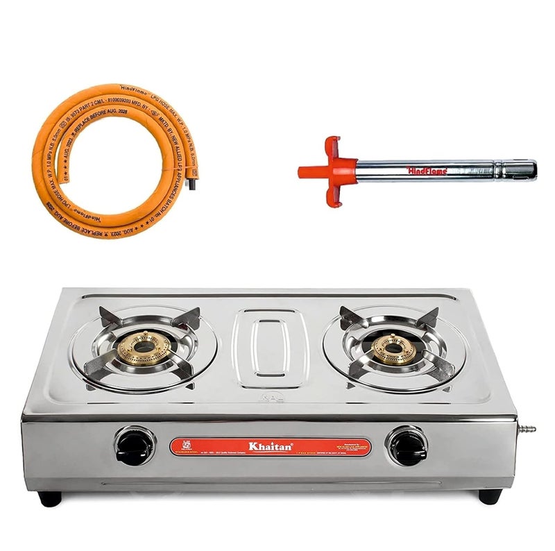 Khaitan Combo - 1 unit Khaitan 2 Burner VS2 Smart Stainless Steel Manual Gas Stove+ 1 unit HF Kitchen Lighter + 1 unit HF LPG Hose Pipe (1.5 mtr) - Image 1